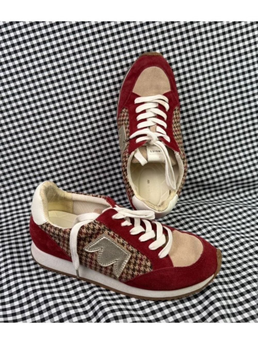 Birdies Roadrunner Sneakers Women 8 Primary Houndstooth Red Suede Tweed Lace Up